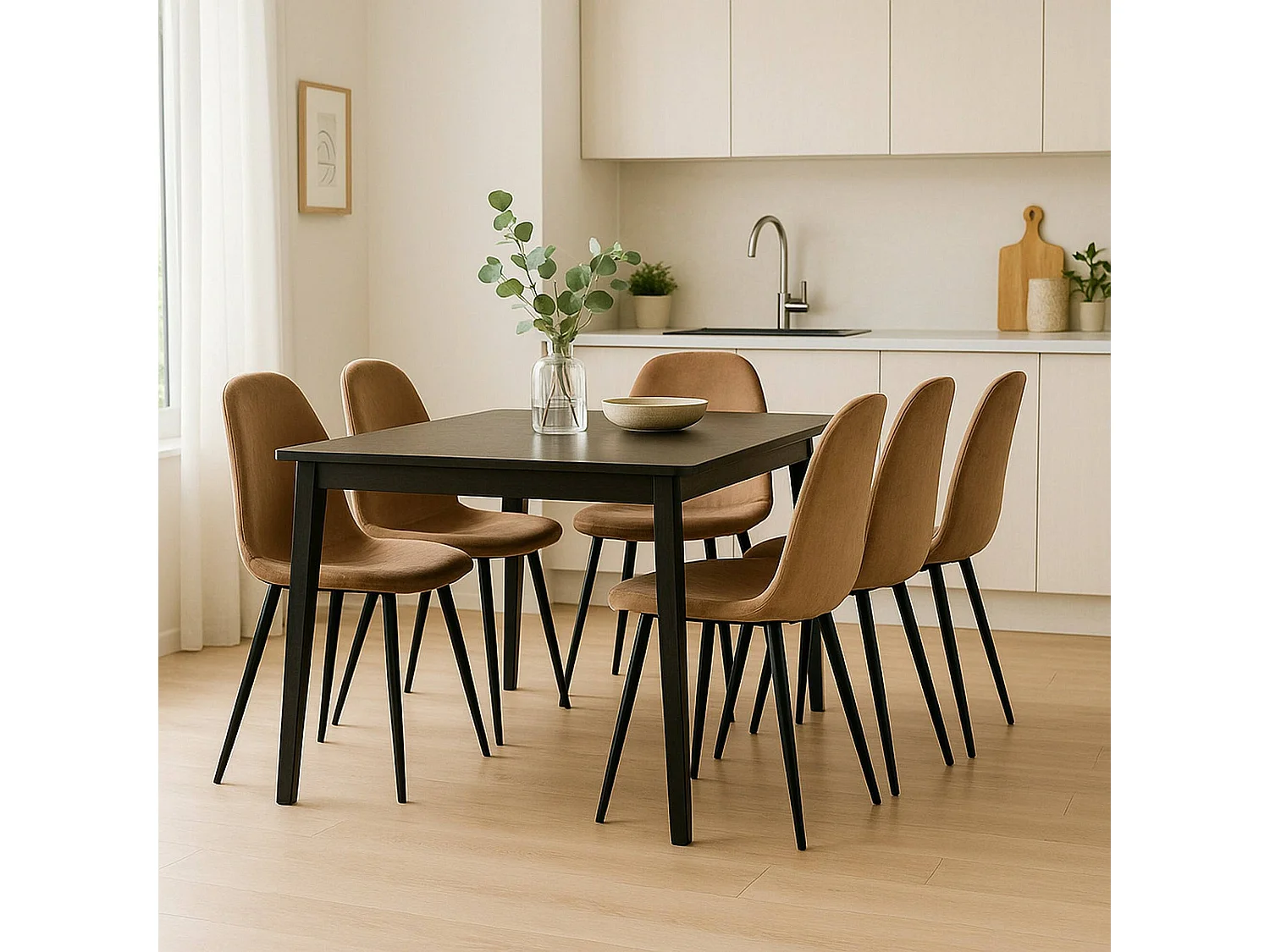 Set van 6 Dacampor stoelen, Fluwelen fauteuil, Gestoffeerde eetkamerstoel, Vergaderzitting, 45x56h87 cm, Zand