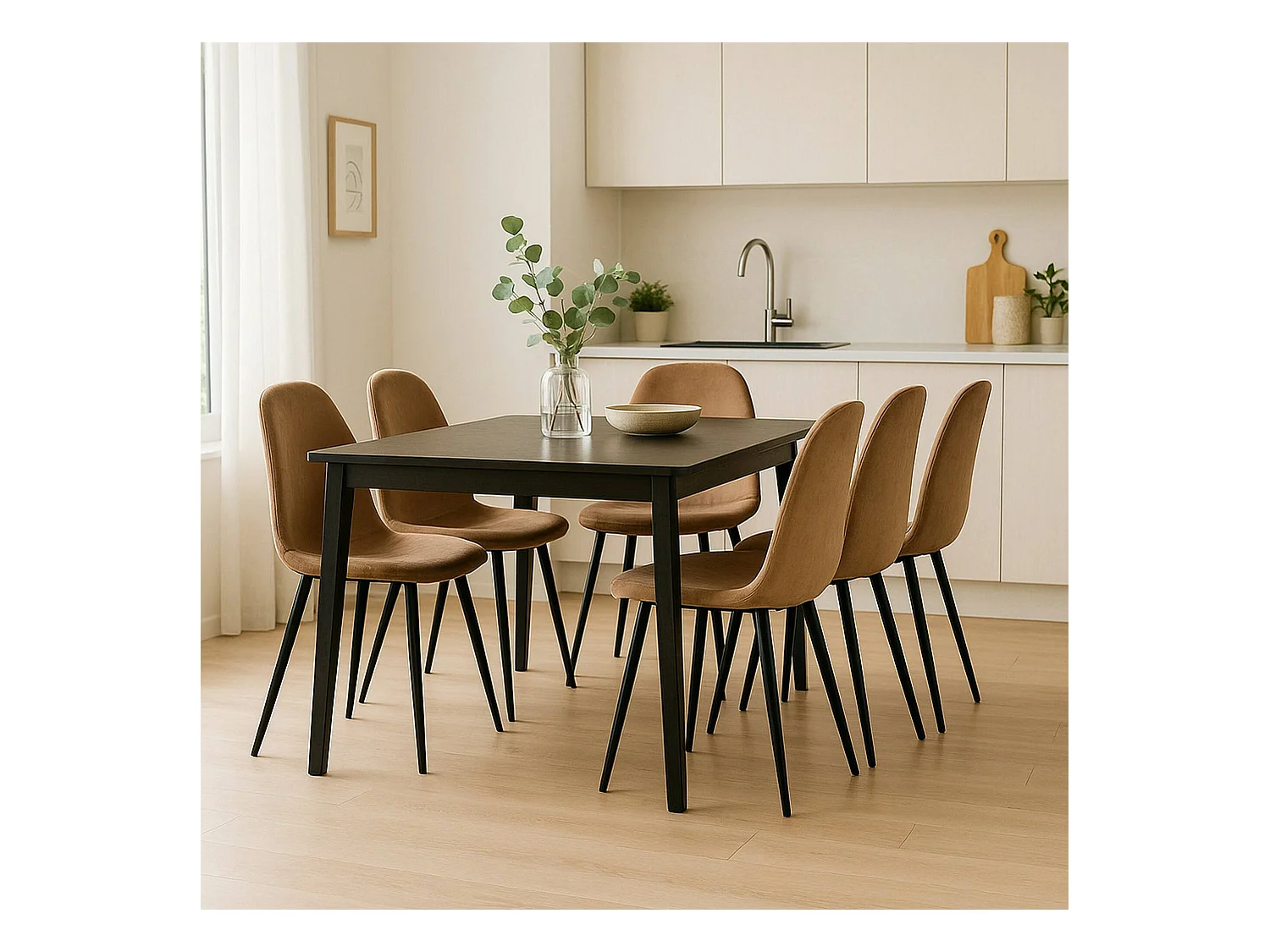 Set van 6 Dacampor stoelen, Fluwelen fauteuil, Gestoffeerde eetkamerstoel, Vergaderzitting, 45x56h87 cm, Zand