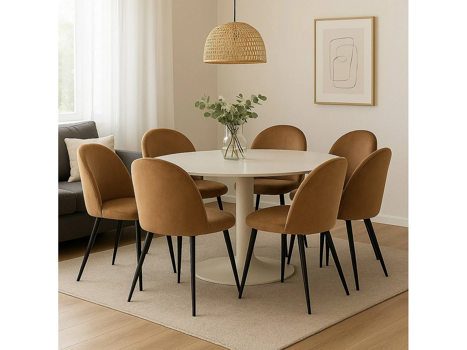 Ensemble de 6 chaises Dabruzzes, Fauteuil recouvert de velours, Chaise de salle à manger rembourrée, Siège de réunion, 51x54h82 cm, Sable