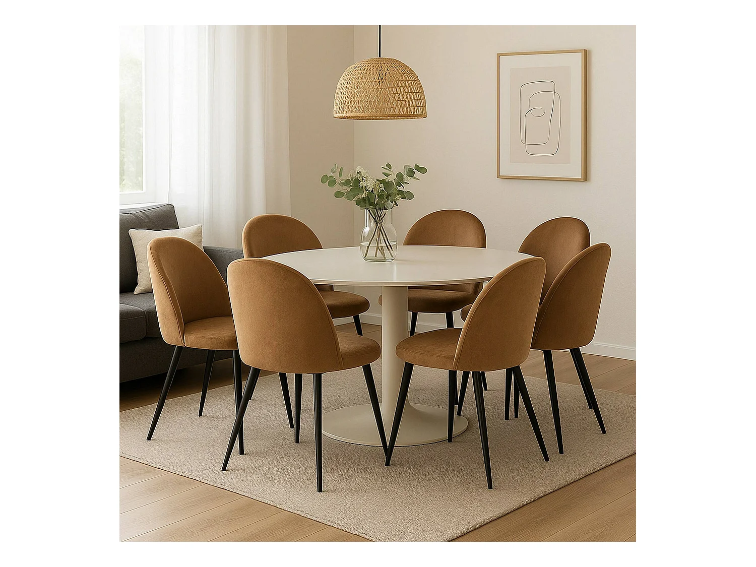 Ensemble de 6 chaises Dabruzzes, Fauteuil recouvert de velours, Chaise de salle à manger rembourrée, Siège de réunion, 51x54h82 cm, Sable