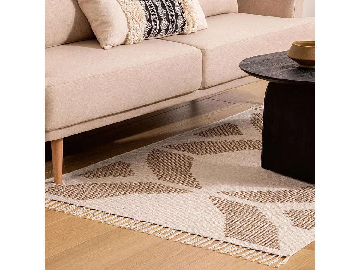Tapis décoratif Blanc Ivoire et Beige lin motif en relief brodé 120 x 170 cm