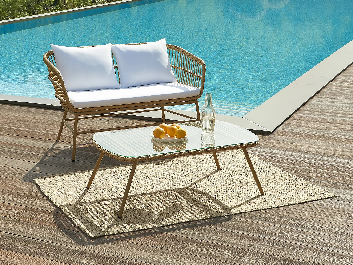 Möbelset för trädgården i konstrotting: 1 soffa för 2 personer och 1 soffbord - Ljus natur - LOUSINI från MYLIA