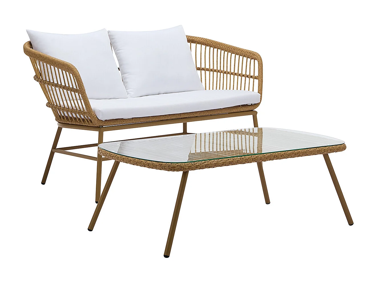 Salon de jardin en résine tressée : 1 canapé 2 places et 1 table basse - Naturel clair - LOUSINI de MYLIA