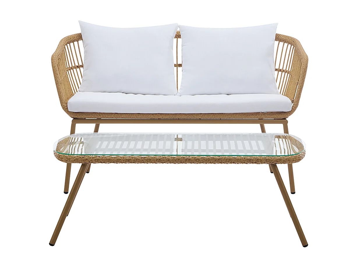 Salon de jardin en résine tressée : 1 canapé 2 places et 1 table basse - Naturel clair - LOUSINI de MYLIA