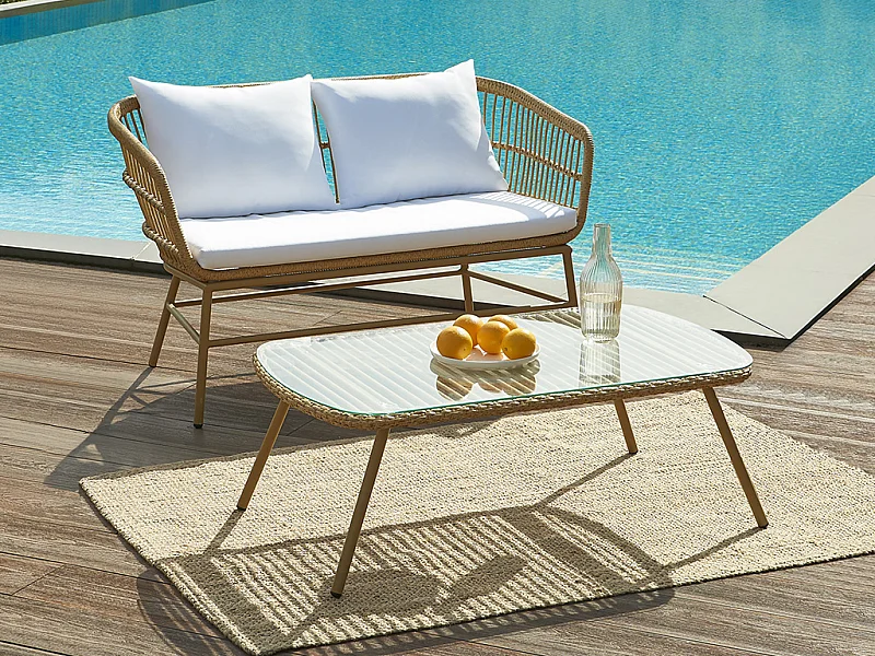 Salon de jardin en résine tressée : 1 canapé 2 places et 1 table basse - Naturel clair - LOUSINI de MYLIA