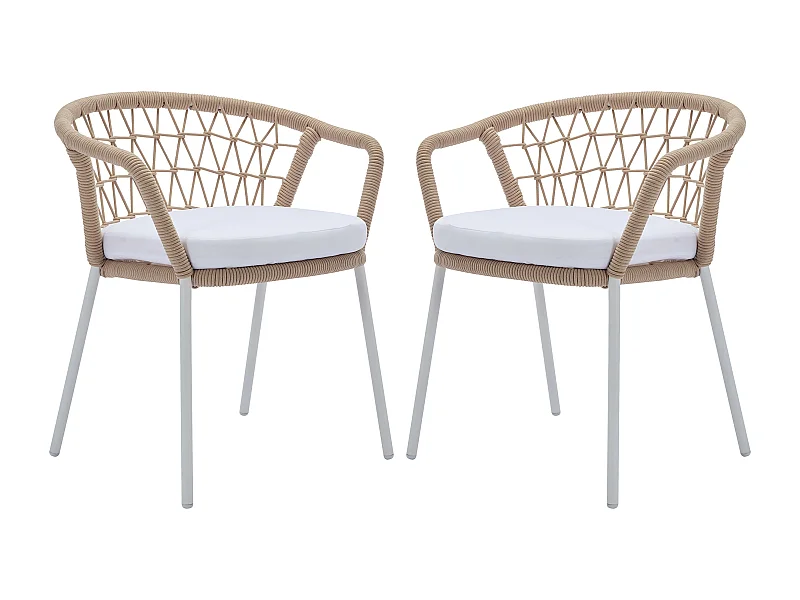 Lot de 2 fauteuils de jardin en métal et corde - Beige avec coussin blanc - ZALLY de MYLIA