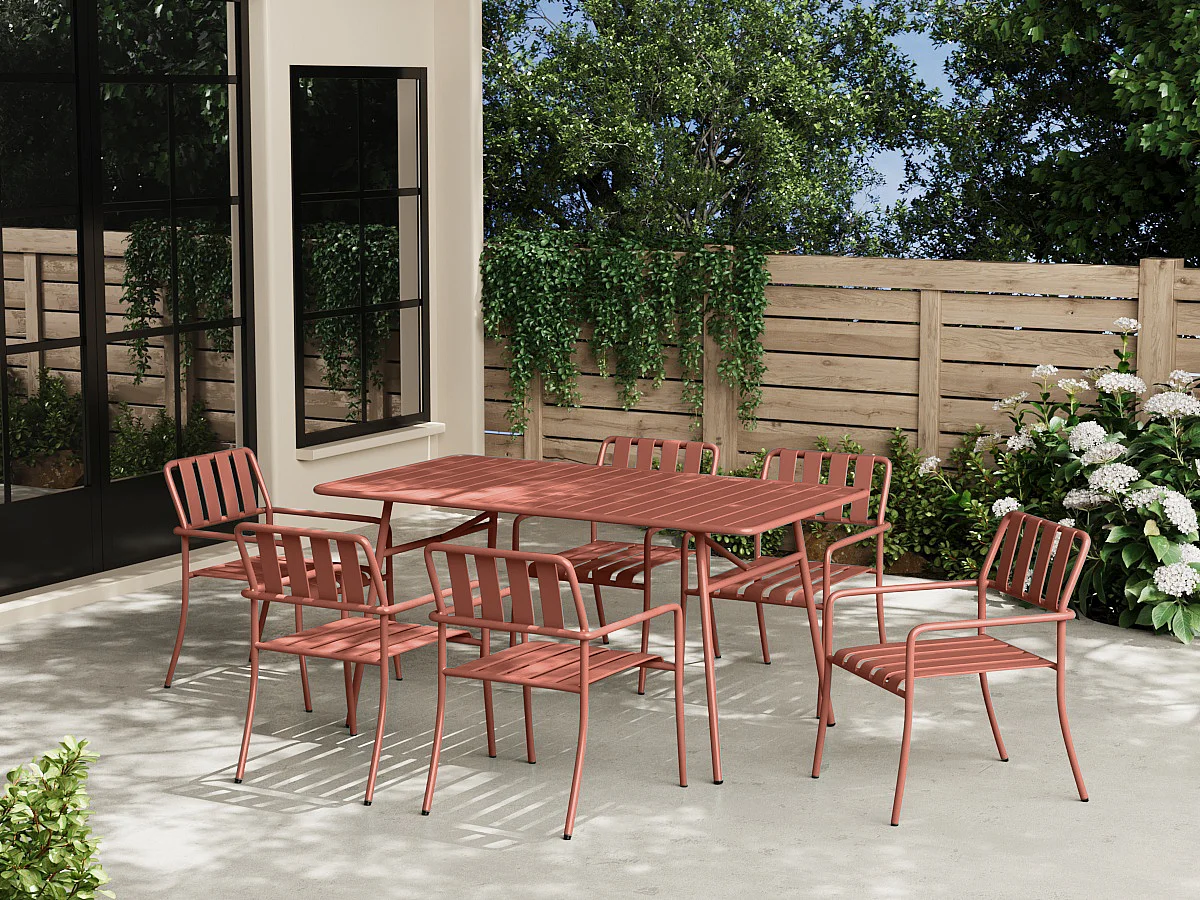 Tuineethoek van metaal: een tafel D160 cm en 6 fauteuils - Terracotta - BIRMOS van MYLIA