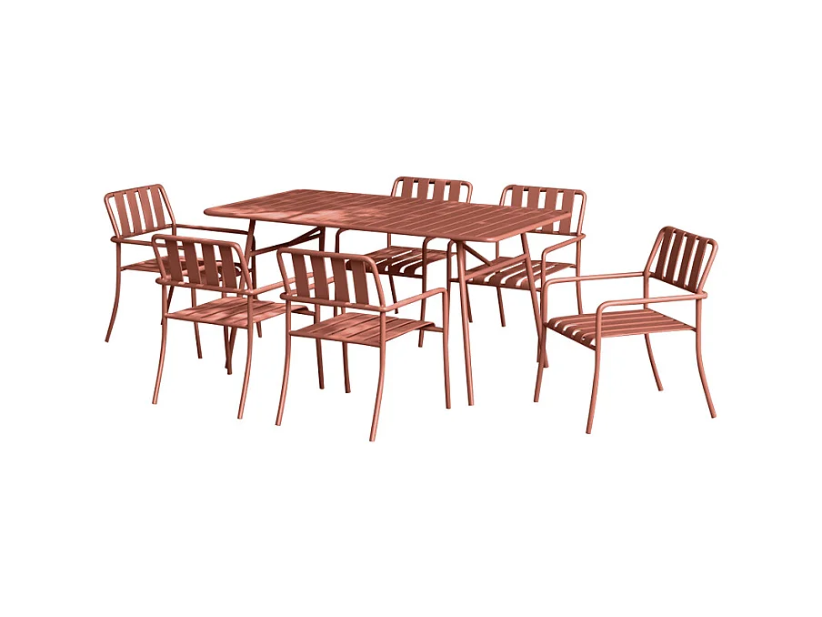 Salle à manger de jardin en métal : la table L.160 cm et 6 fauteuils - Terracotta - BIRMOS de MYLIA