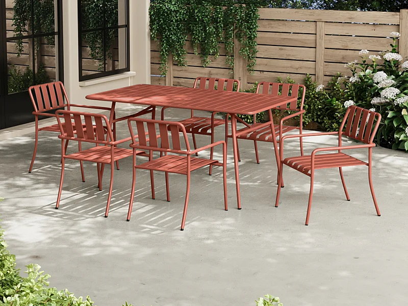 Salle à manger de jardin en métal : la table L.160 cm et 6 fauteuils empilables - Terracotta - BIRMOS de MYLIA