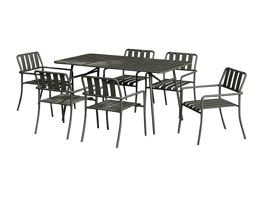Salle à manger de jardin en métal : la table L.160 cm et 6 fauteuils empilables - Gris anthracite - BIRMOS de MYLIA
