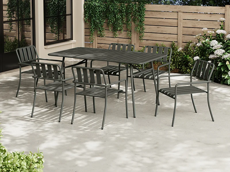 Salle à manger de jardin en métal : la table L.160 cm et 6 fauteuils empilables - Gris anthracite - BIRMOS de MYLIA