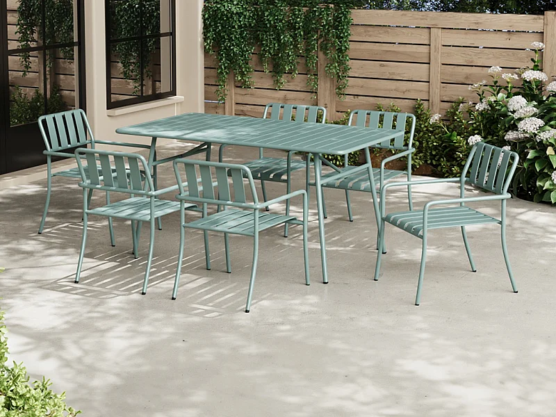 Salle à manger de jardin en métal : la table L.160 cm et 6 fauteuils - Vert amande - BIRMOS de MYLIA