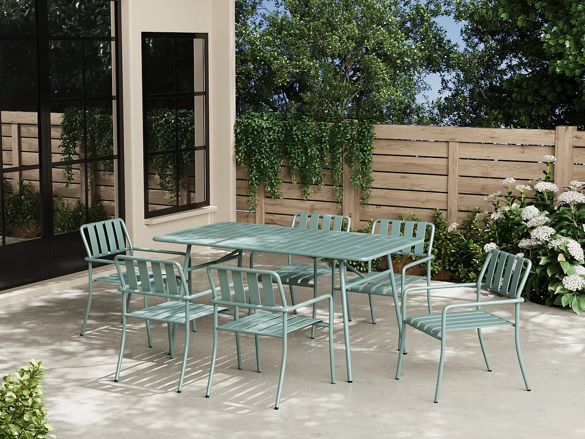 Salle à manger de jardin en métal : la table L.160 cm et 6 fauteuils - Vert amande - BIRMOS de MYLIA