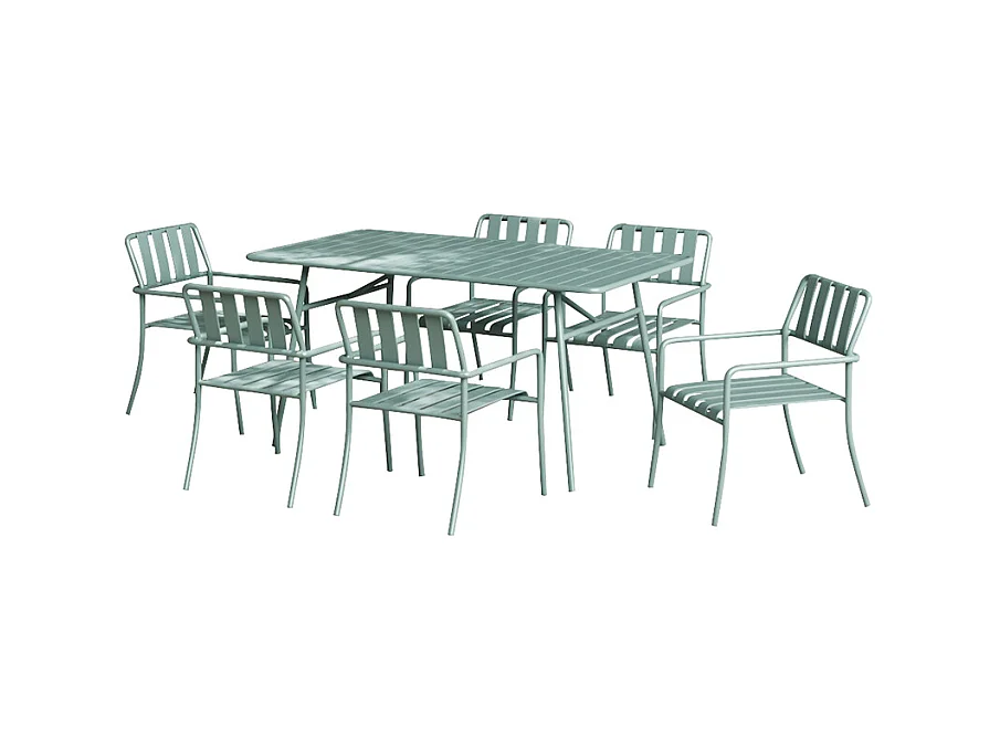 Conjunto de jantar de jardim metal: mesa C160 cm e 6 cadeirões verde amêndoa - BIRMOS de MYLIA