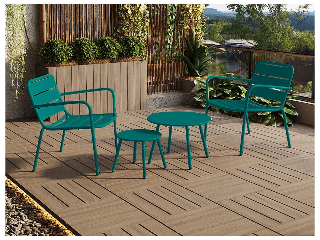 Salon de jardin en métal - 2 fauteuils bas empilables et tables gigognes - Bleu canard - MIRMANDE de MYLIA
