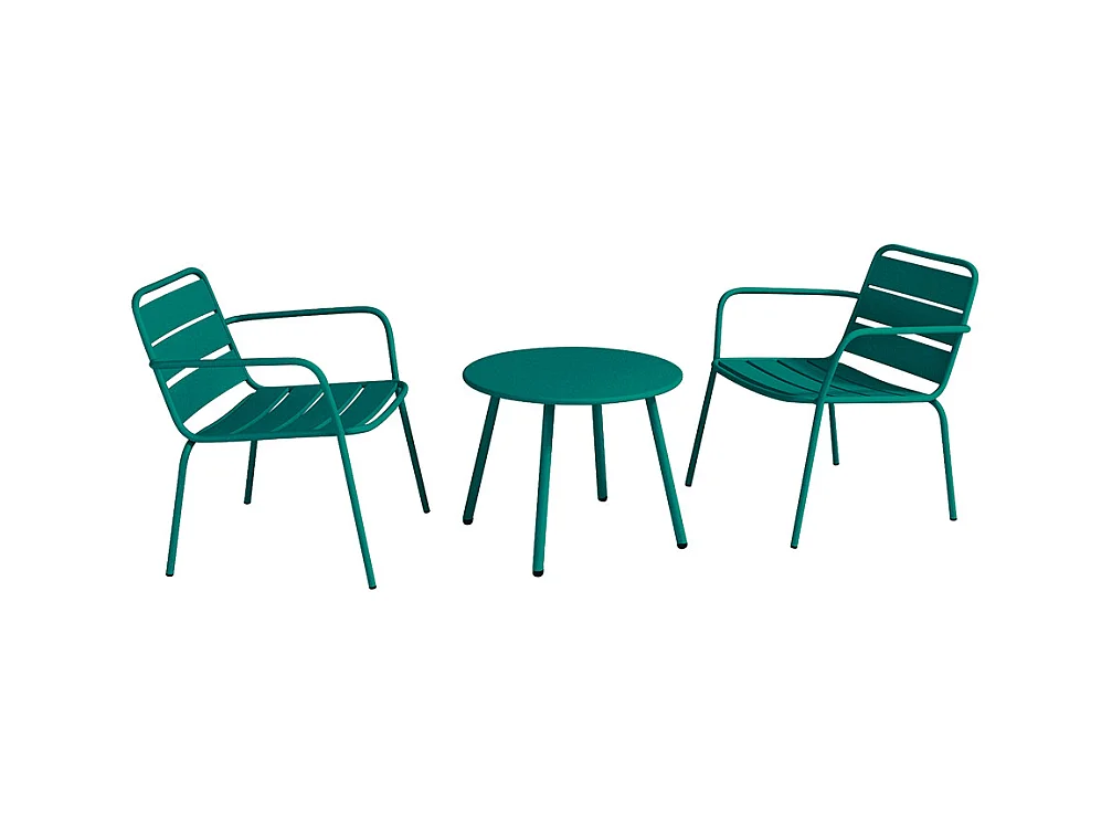 Trädgårdsmöbler i metall - 2 stapelbara låga fåtöljer och ett runt sidobord - Petrolblå - MIRMANDE av MYLIA