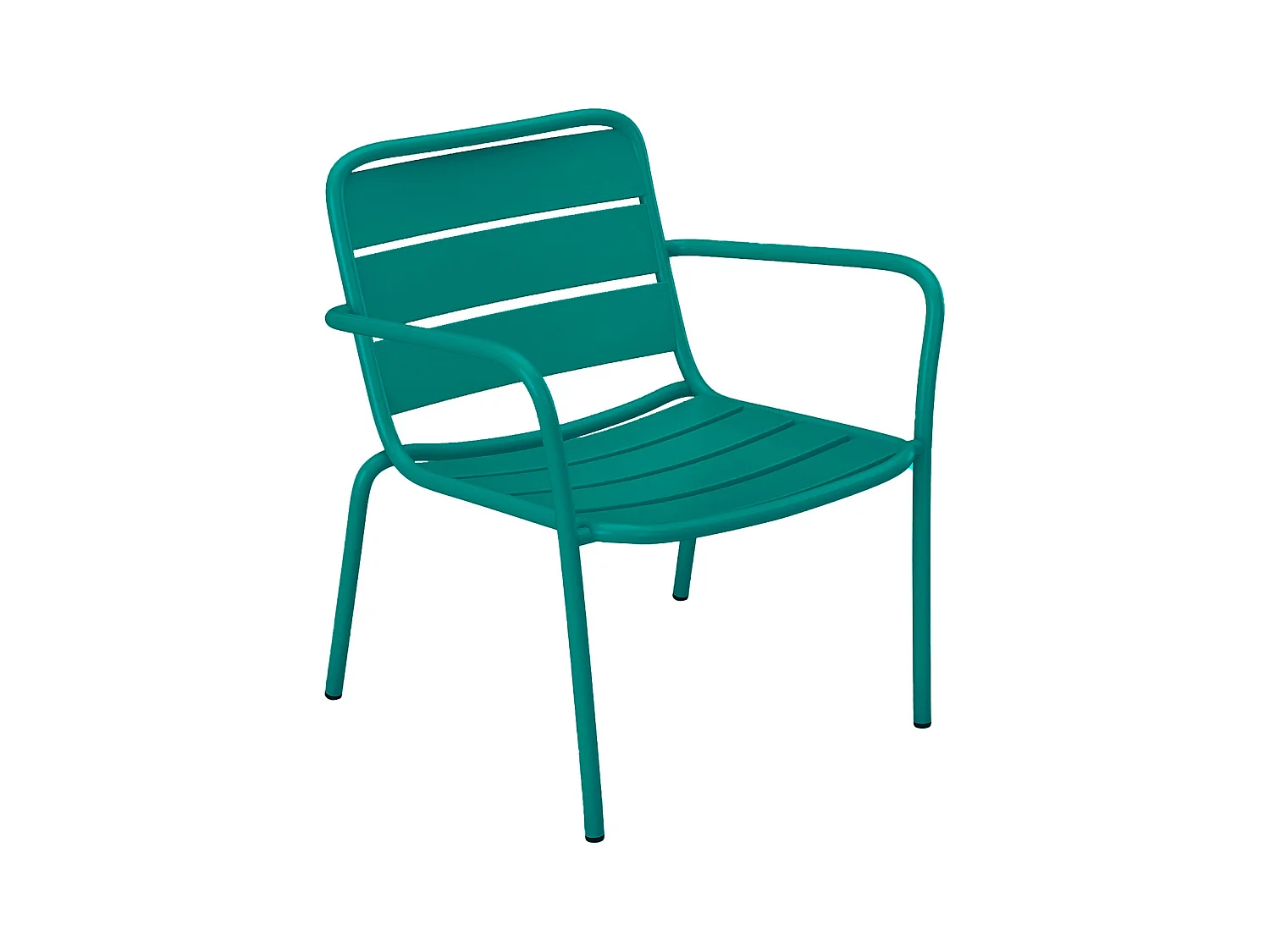 Trädgårdsmöbler i metall - 2 stapelbara låga fåtöljer och ett runt sidobord - Petrolblå - MIRMANDE av MYLIA