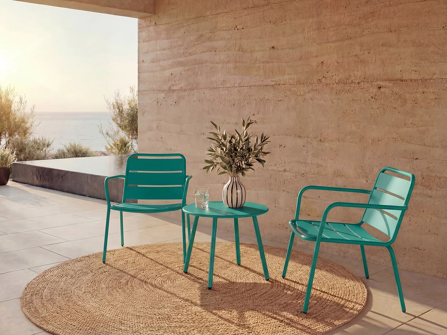 Garten-Sitzgruppe: 2 niedrige, stapelbare Sessel + Beistelltisch rund - Metall - Blau - MIRMANDE von MYLIA