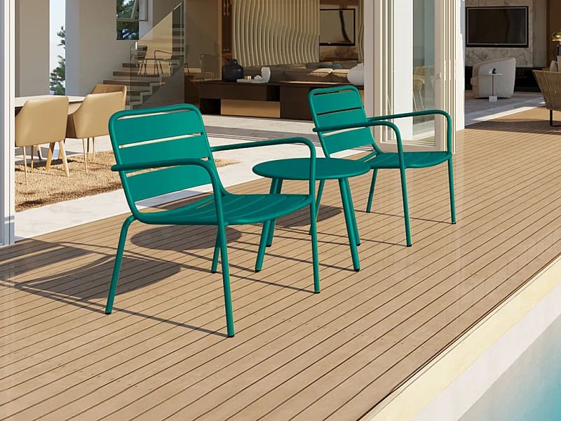 Garten-Sitzgruppe: 2 niedrige, stapelbare Sessel + Beistelltisch rund - Metall - Blau - MIRMANDE von MYLIA