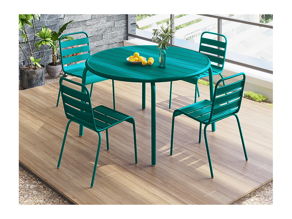 Garten-Essgruppe: Tisch D. 110 cm + 4 stapelbare Stühle - Metall - Blau - MIRMANDE von MYLIA