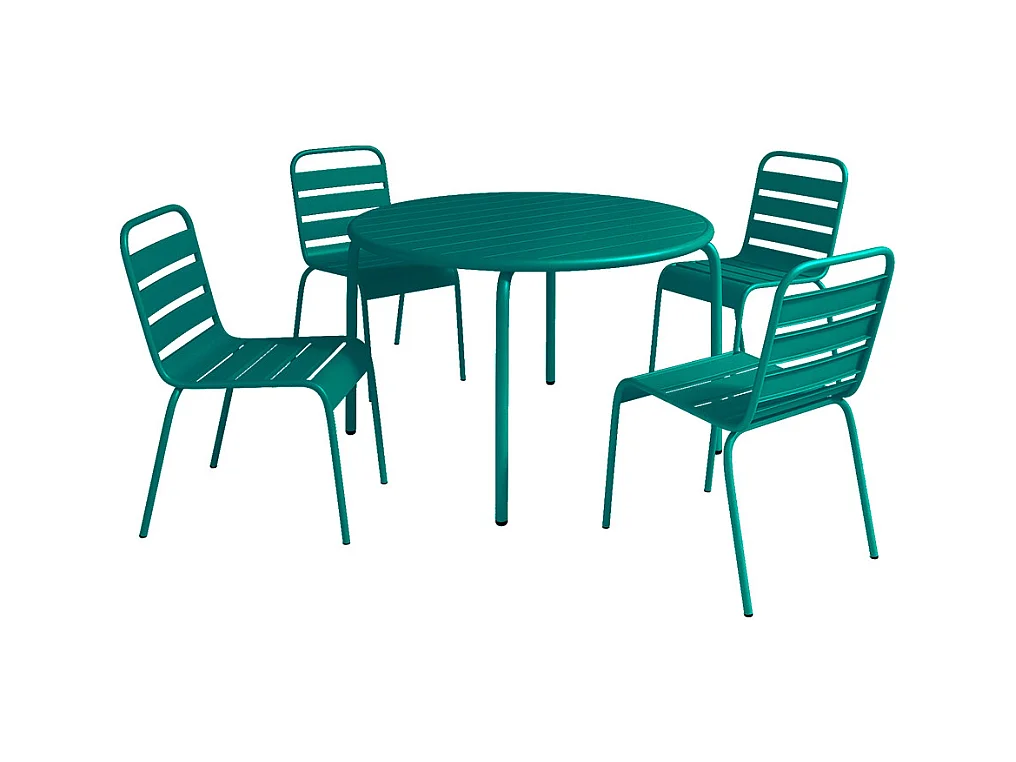 Salle à manger de jardin en métal - une table D.110 cm et 4 chaises empilables - Bleu canard - MIRMANDE de MYLIA