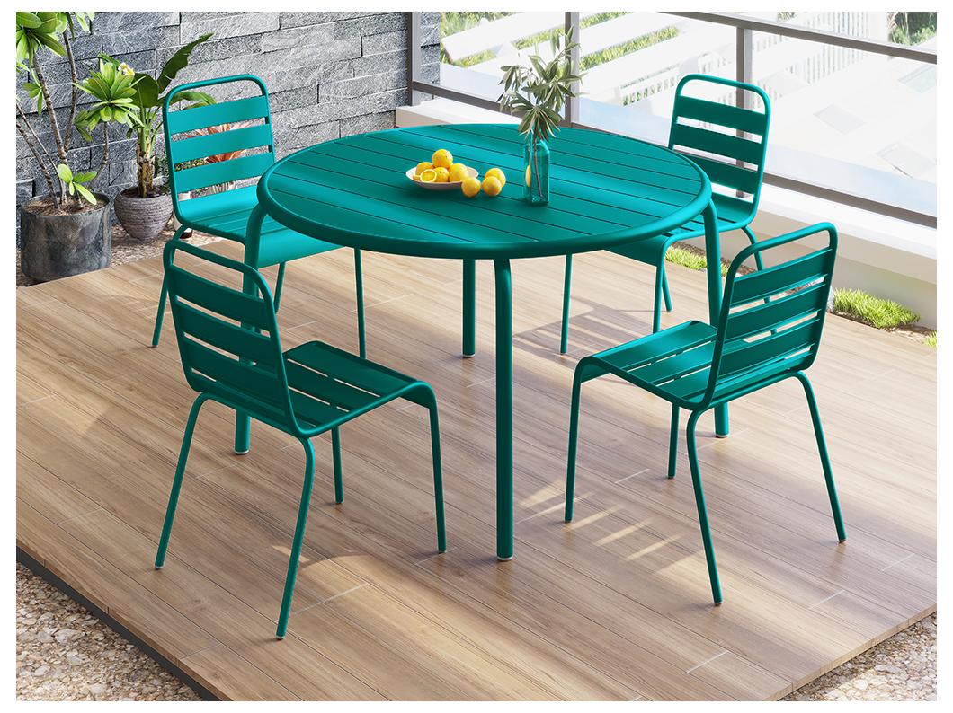 Sala da pranzo da giardino un tavolo D.110cm e 4 sedie impilabili Metallo Verde Petrolio  - MIRMANDE di MYLIA