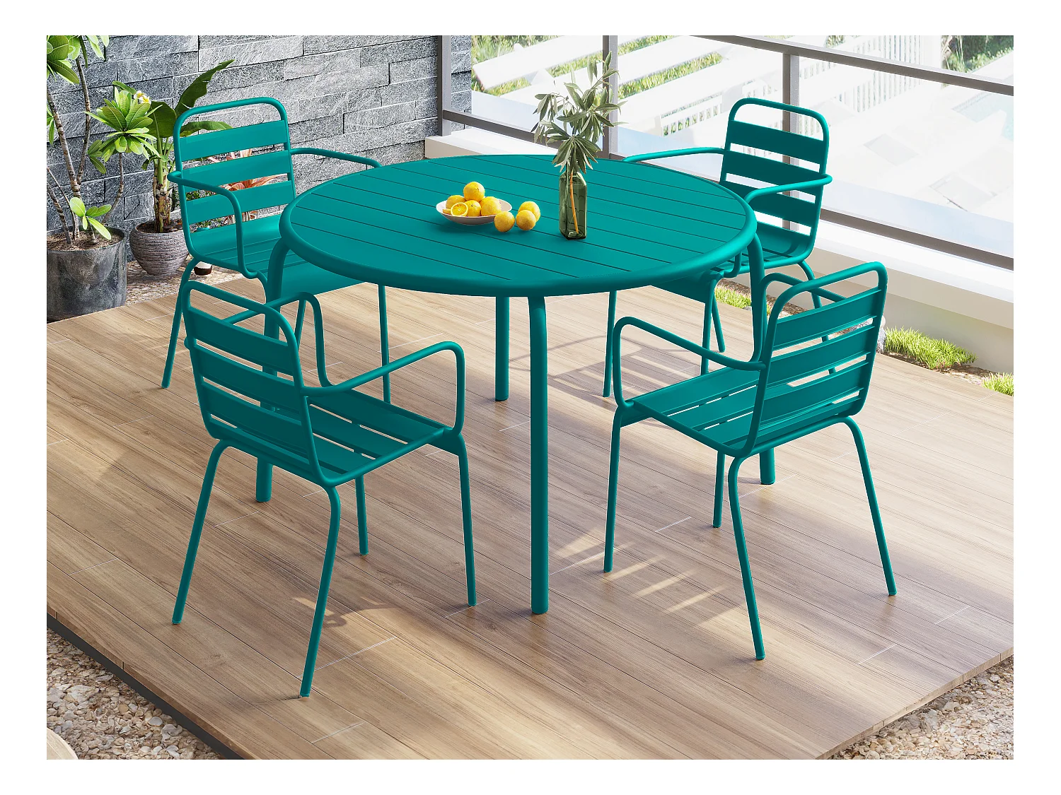 Salle à manger de jardin en métal - une table D.110 cm et 4 fauteuils empilables - Bleu canard - MIRMANDE de MYLIA