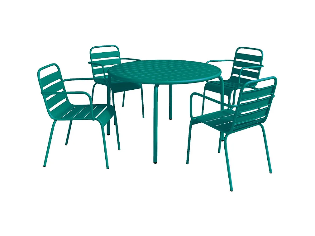 Salle à manger de jardin en métal - une table D.110 cm et 4 fauteuils empilables - Bleu canard - MIRMANDE de MYLIA