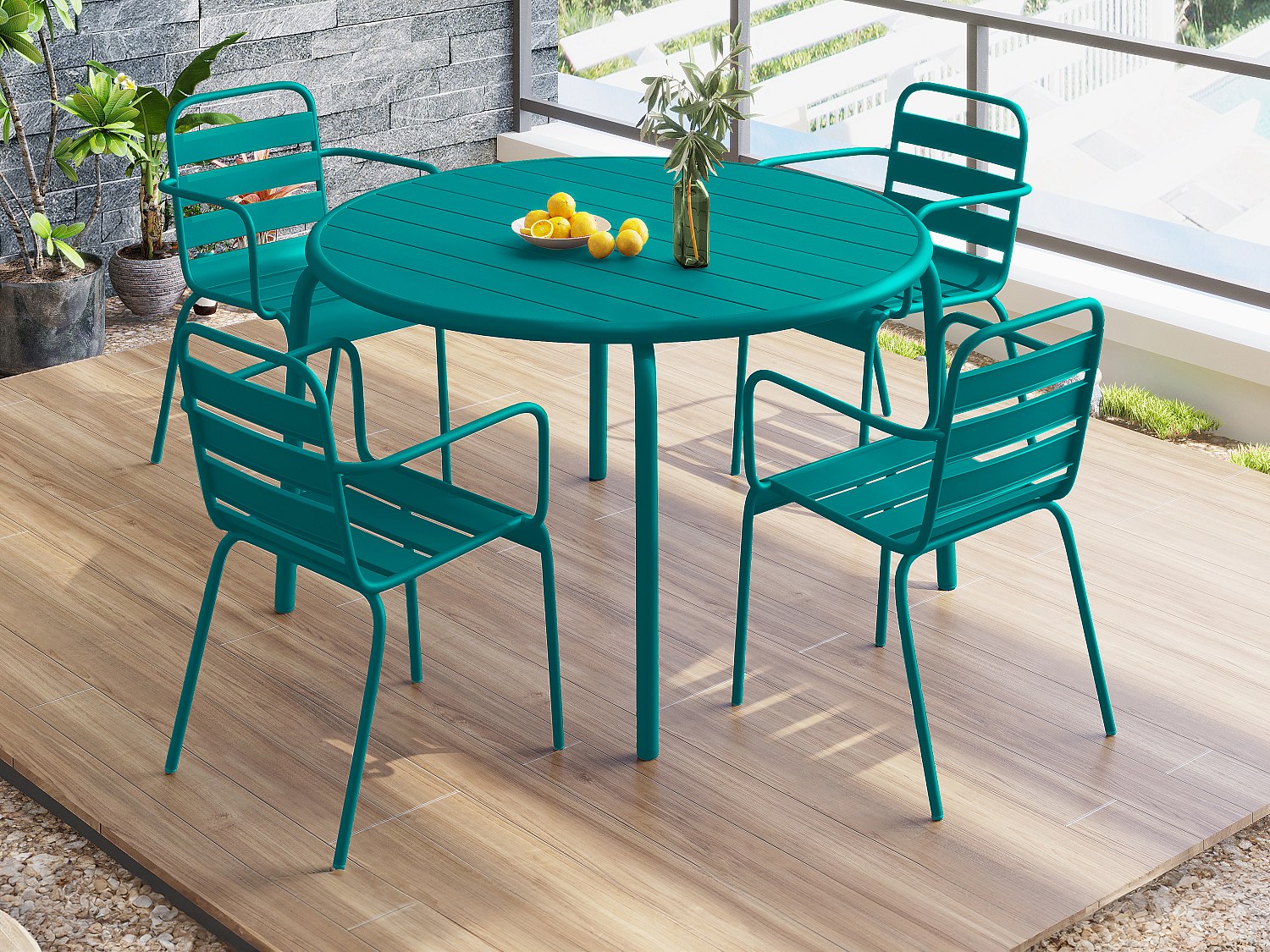 Vente-unique Garten-Essgruppe, Tisch D. 110 Cm + 4 Stapelbare Sessel - Metall - Blau - Mirmande Von Mylia