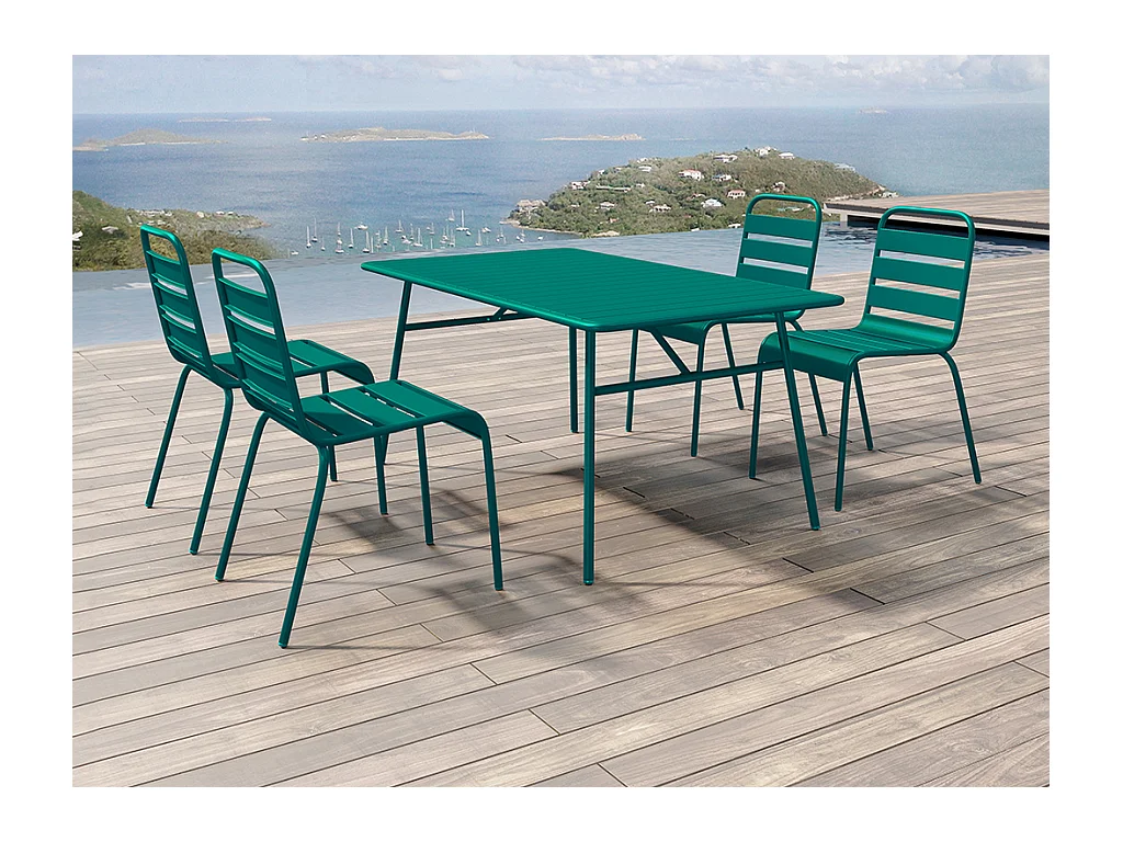 Salle à manger de jardin en métal - une table L.160 cm et 4 chaises empilables - Bleu canard - MIRMANDE de MYLIA