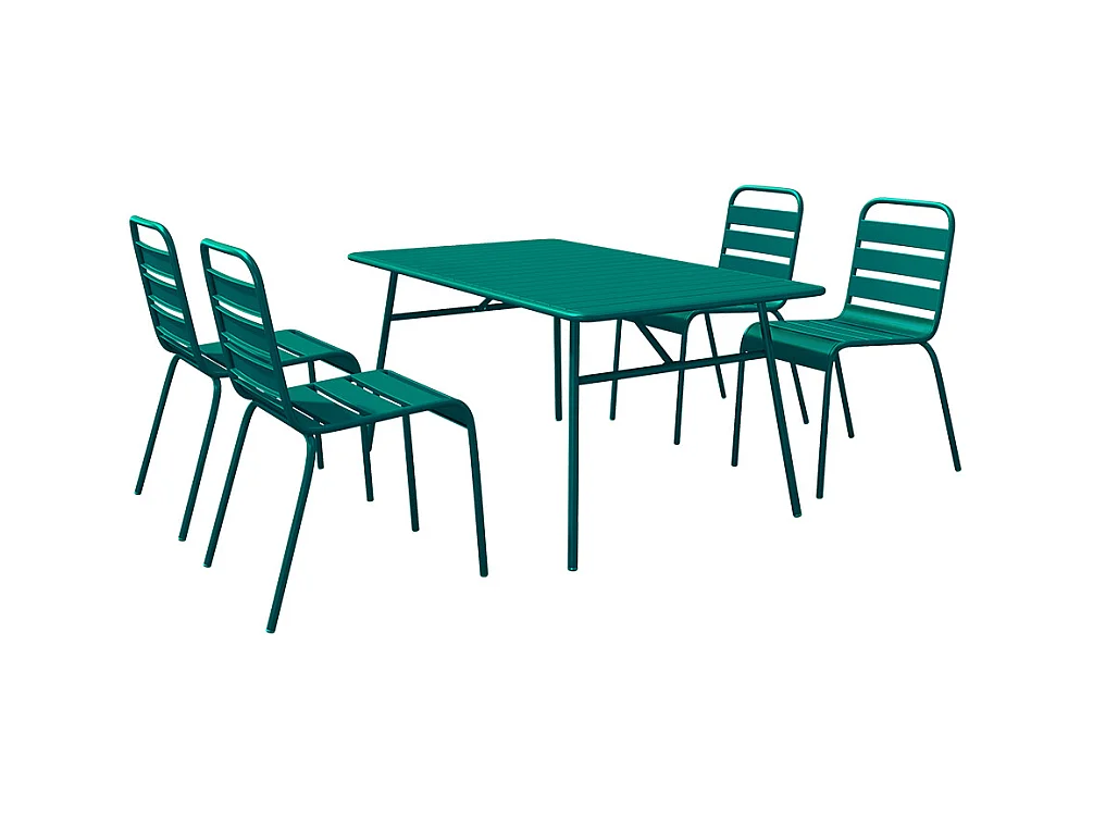 Conjunto de sala de jantar de jardim em metal, uma mesa C160 cm e 4 cadeiras empilháveis azul-esverdeado - MIRMANDE de MYLIA