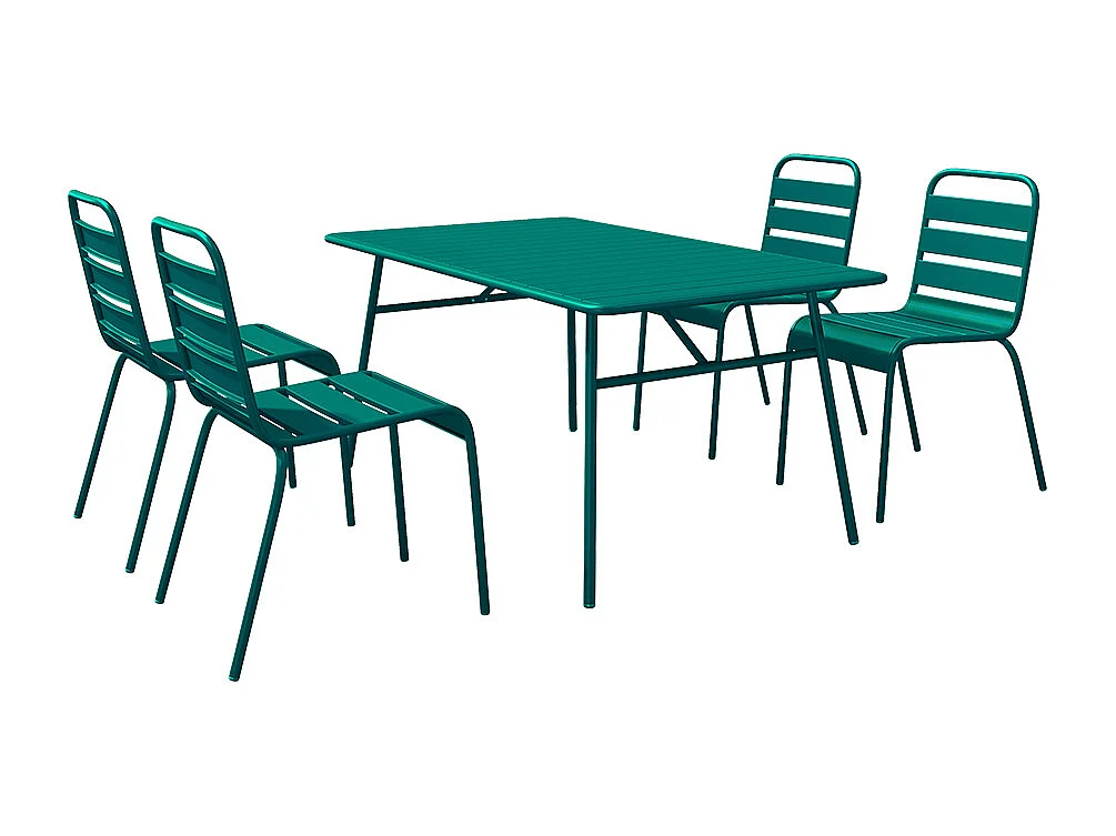 Salle à manger de jardin en métal - une table L.160 cm et 4 chaises empilables - Bleu canard - MIRMANDE de MYLIA