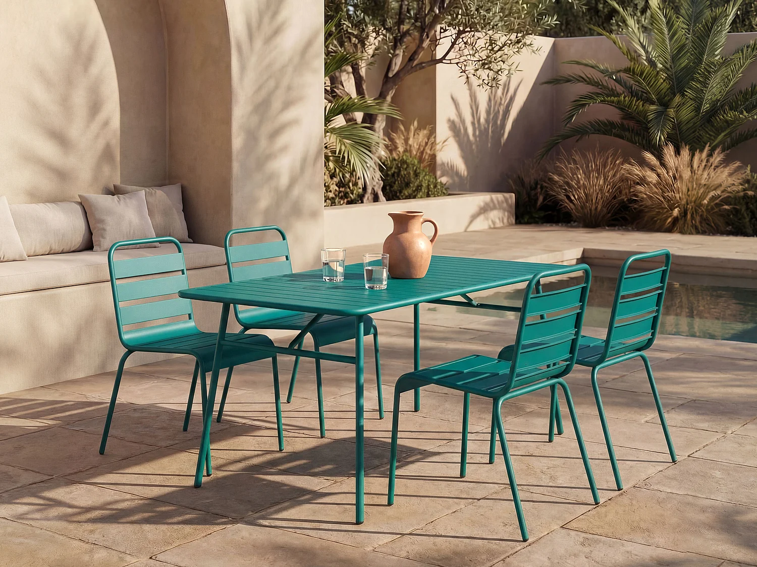 Metal garden dining set - one 160 cm. table and 4 stackable chairs - Teal - MIRMANDE by MYLIA
