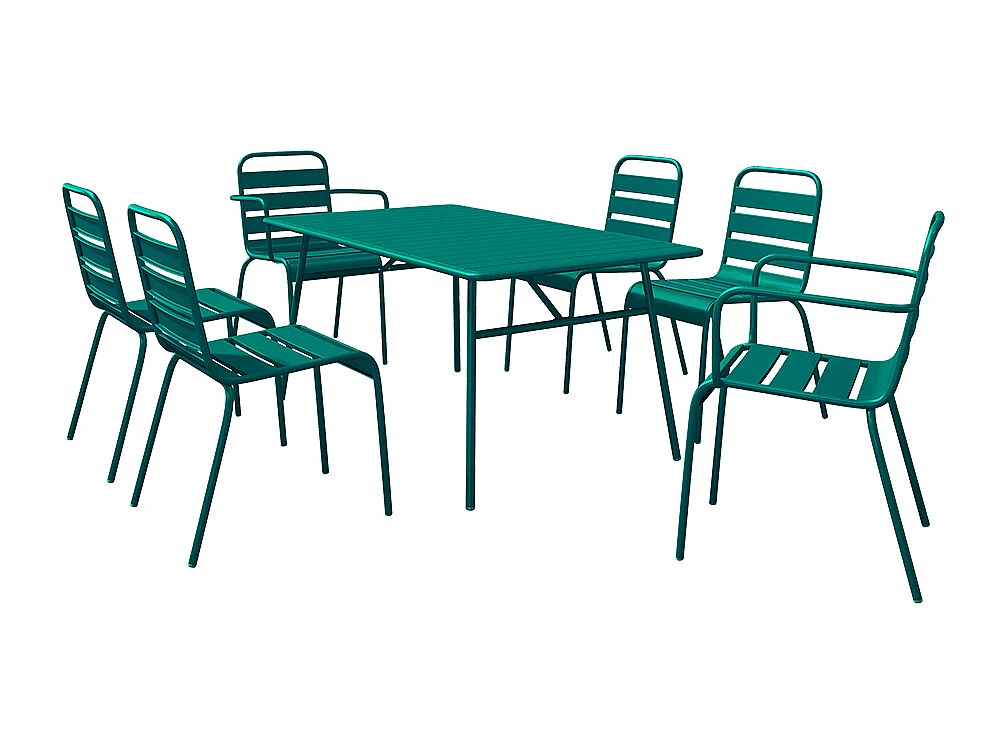 Metalen tuinset - Een tafel van L160 cm met 2 stapelbare fauteuils en 4 stapelbare stoelen - Groenblauw - MIRMANDE van MYLIA