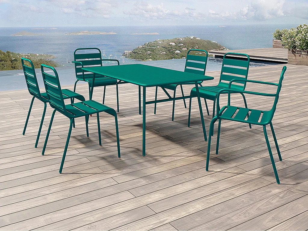Metalen tuinset - Een tafel van L160 cm met 2 stapelbare fauteuils en 4 stapelbare stoelen - Groenblauw - MIRMANDE van MYLIA