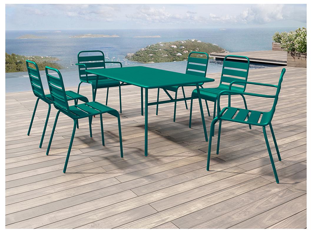 Salle à manger de jardin en métal - une table L.160 cm avec 2 fauteuils empilables et 4 chaises empilables - Bleu canard - MIRMANDE de MYLIA