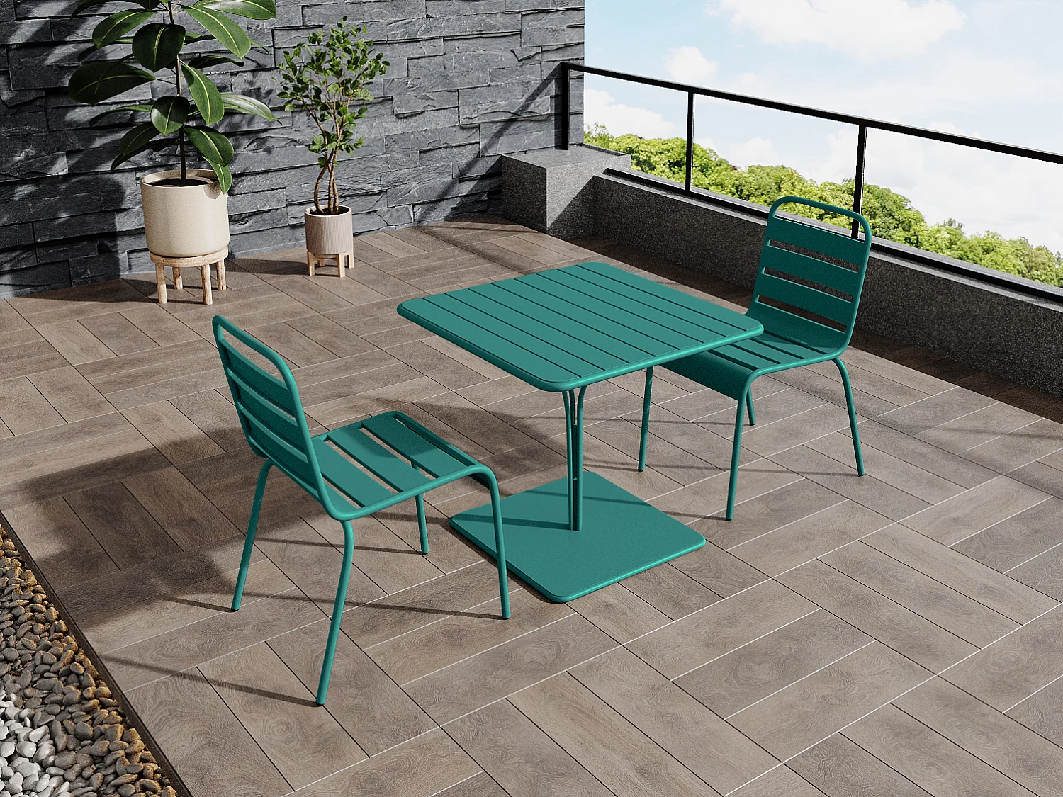 Tuineethoek van metaal - Een tafel D80 cm en 2 opstapelbare stoelen - Blauwgroen - MIRMANDE van MYLIA