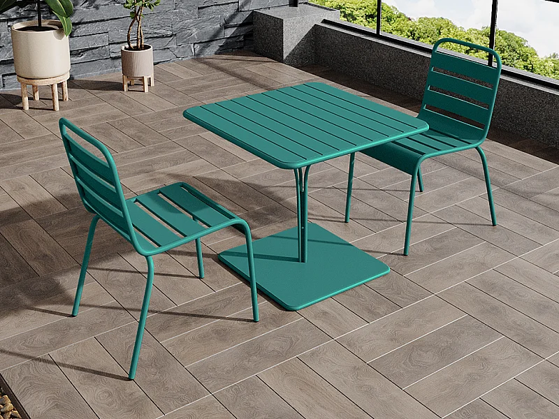 Salle à manger de jardin en métal - une table L.80 cm et 2 chaises empilables - Bleu canard - MIRMANDE de MYLIA