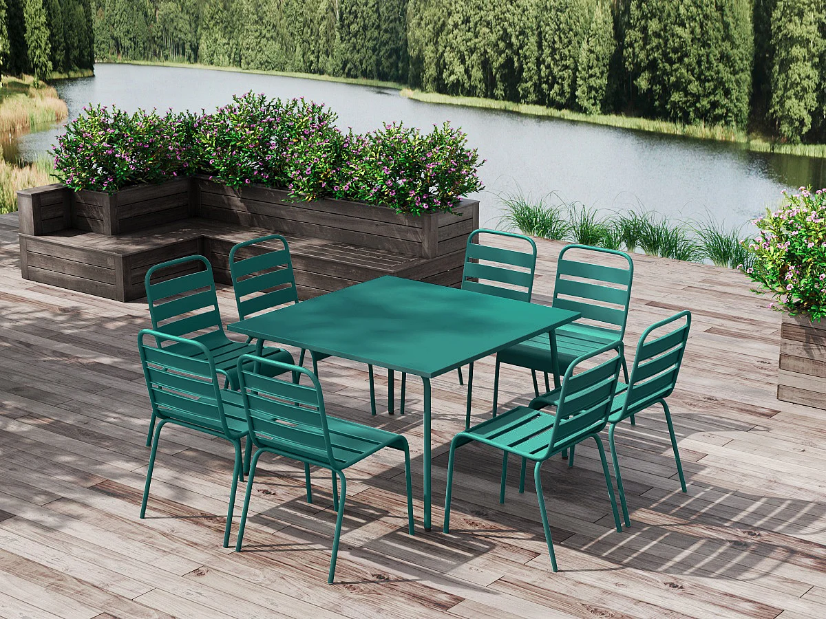 Garten-Essgruppe: Tisch L. 120 cm + 8 stapelbare Stühle - Metall - Blau - MIRMANDE von MYLIA