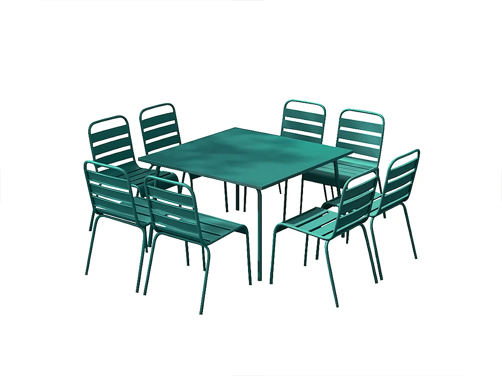 Mesa de comedor de jardín de metal - una mesa de 120 cm y 8 sillas apilables - Azul pato - MIRMANDE de MYLIA