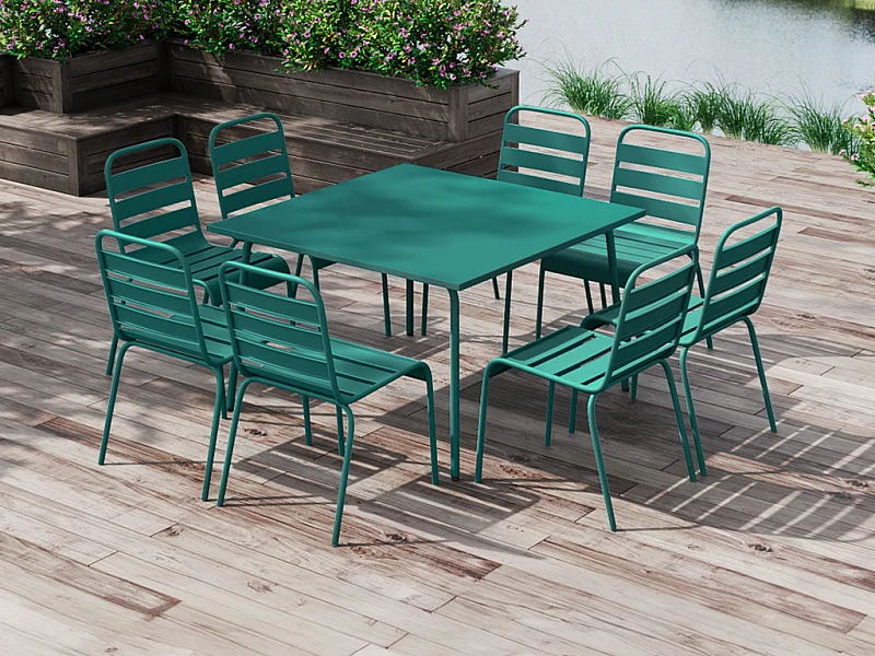 Salle à manger de jardin en métal - une table L.120 cm et 8 chaises empilables - Bleu canard - MIRMANDE de MYLIA