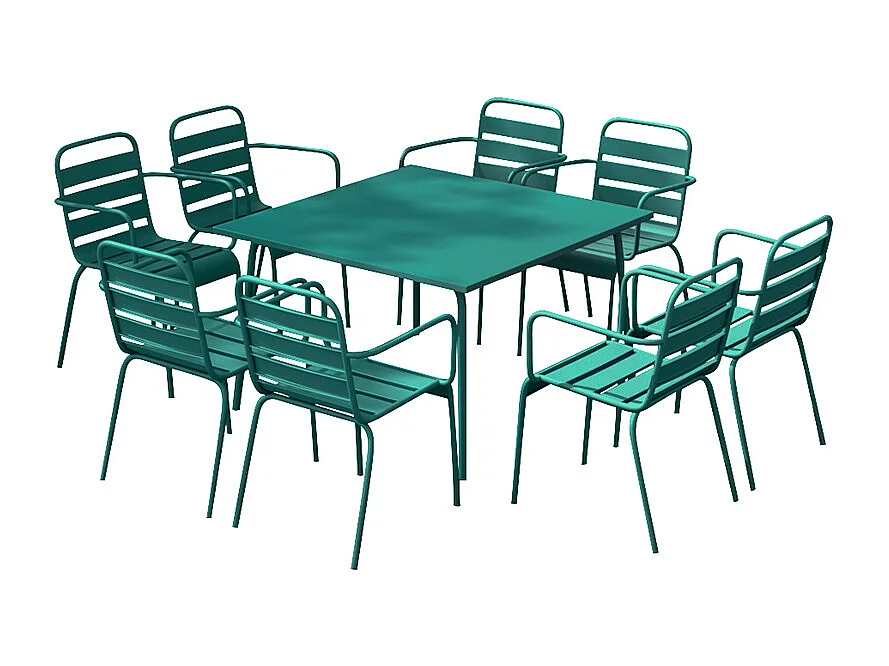 Tuineethoek van metaal - Een tafel D120 cm en 8 opstapelbare stoelen - Blauwgroen - MIRMANDE van MYLIA
