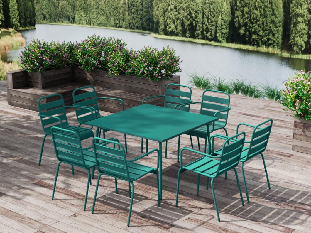 Tuineethoek van metaal - Een tafel D120 cm en 8 opstapelbare stoelen - Blauwgroen - MIRMANDE van MYLIA