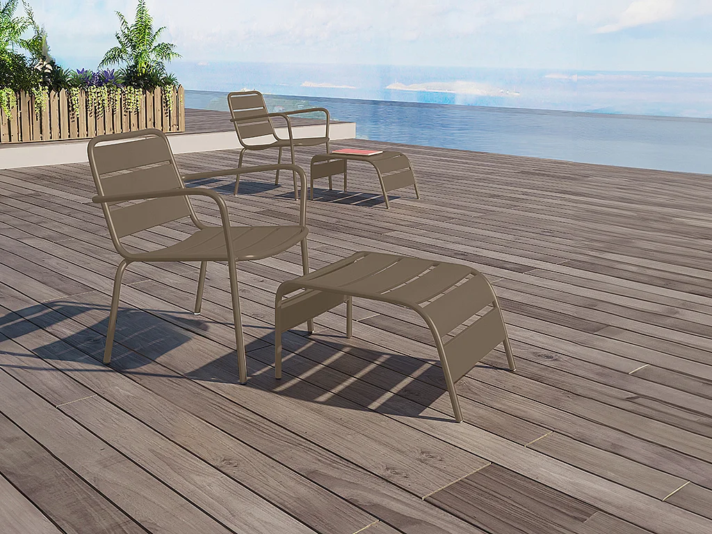 Fauteuil bas de jardin empilable + repose pied en métal - Taupe - MIRMANDE de MYLIA