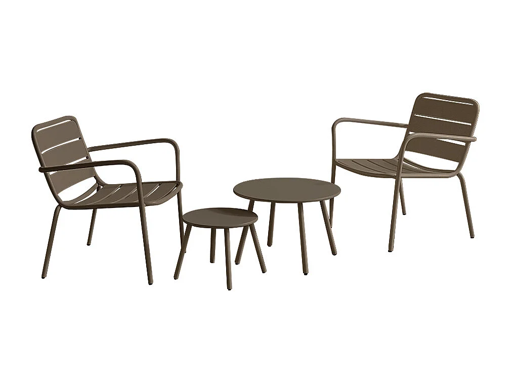 Trädgårdsmöbler i metall - 2 stapelbara låga fåtöljer och satsbord - Taupe - MIRMANDE från MYLIA