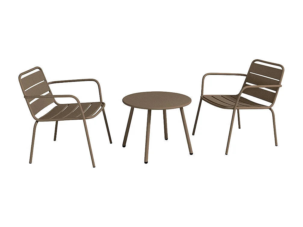 Conjunto de jardín de metal - 2 sillones bajos apilables y una mesa auxiliar redonda - Topo - MIRMANDE de MYLIA
