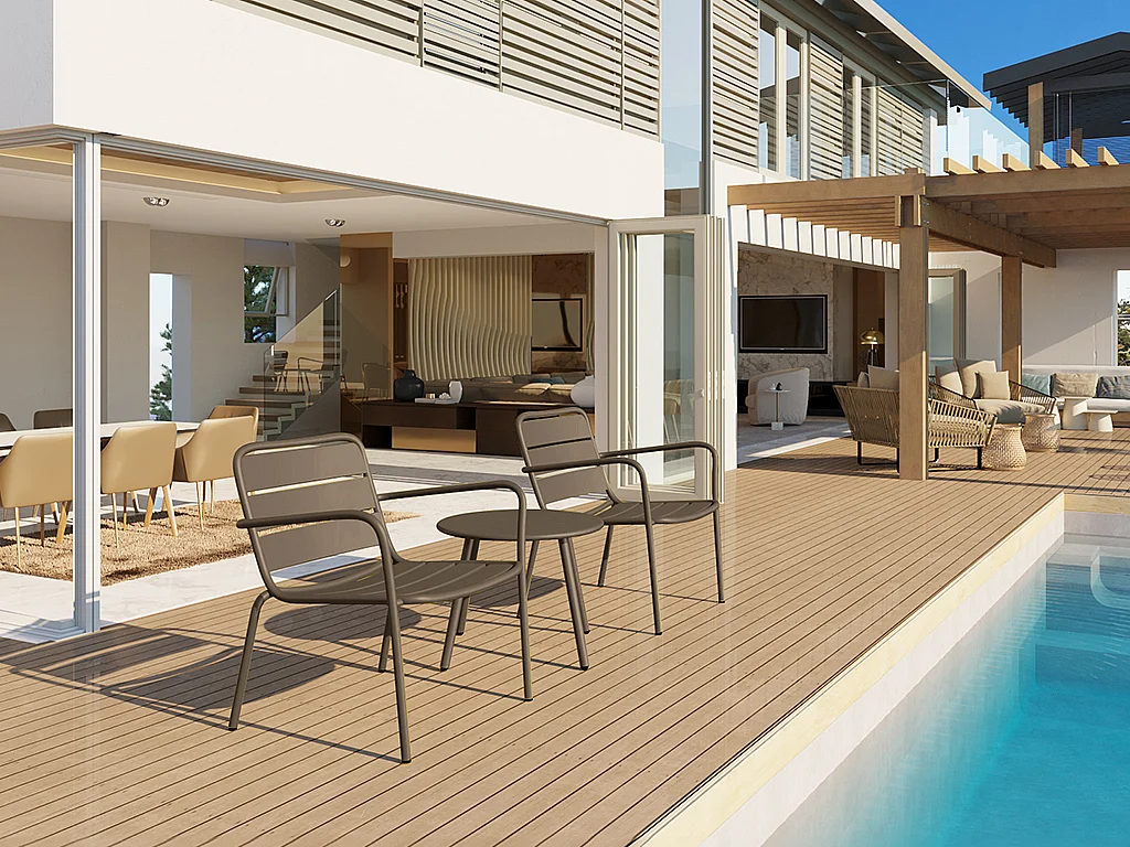 Conjunto de sala de jardim em metal, 2 cadeirões baixos empilháveis e uma mesa de apoio redonda taupe - MIRMANDE de MYLIA