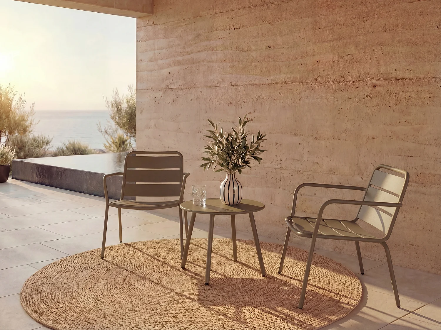 Conjunto de sala de jardim em metal, 2 cadeirões baixos empilháveis e uma mesa de apoio redonda taupe - MIRMANDE de MYLIA