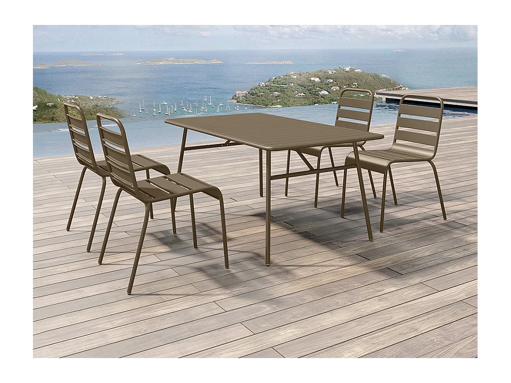 Garten-Essgruppe: Tisch L. 160 cm + 4 stapelbare Stühle - Metall - Taupe - MIRMANDE von MYLIA