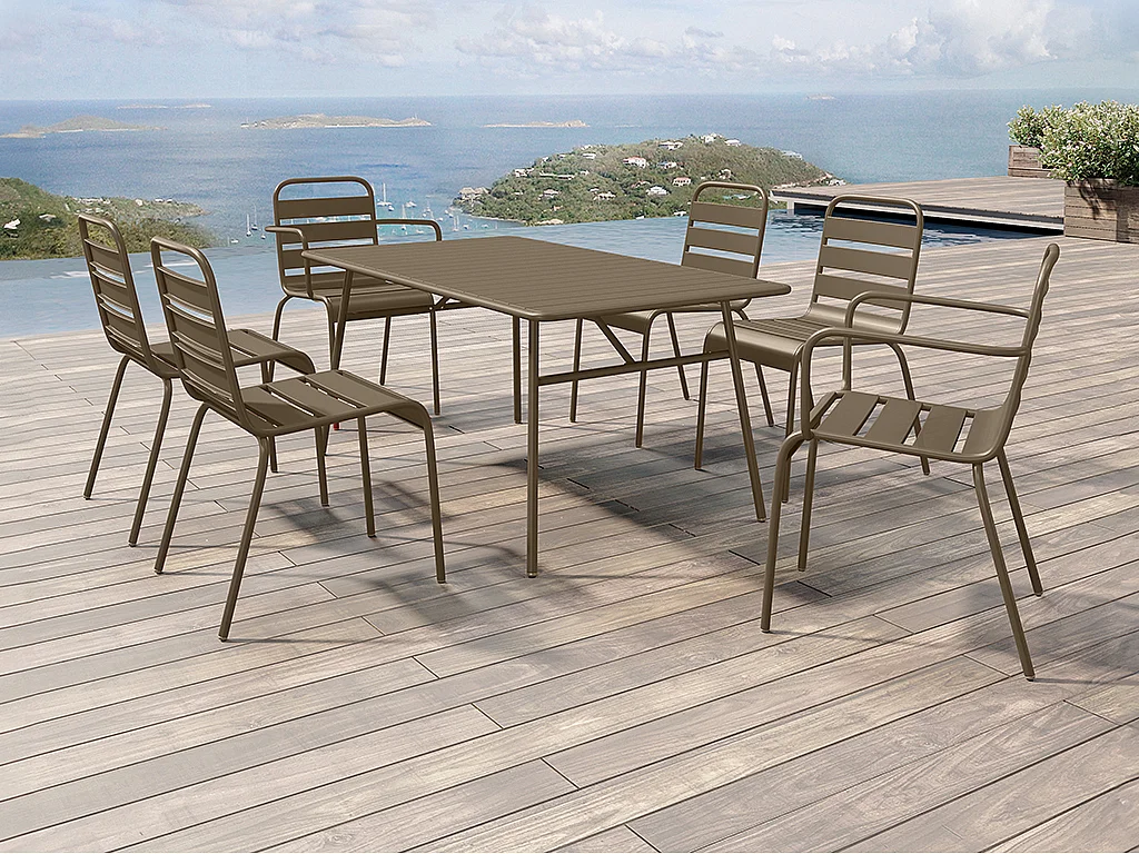 Conjunto de sala de jantar de jardim em metal, uma mesa C.160 cm com 2 cadeirões empilháveis e 4 cadeiras empilháveis taupe - MIRMANDE de MYLIA